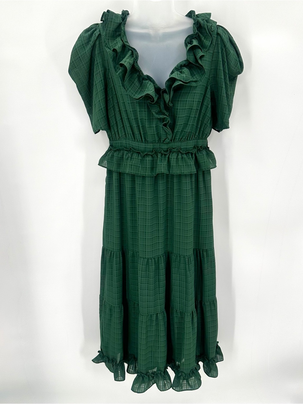 Moon River Tiered Ruffle Dress Womens M Green Puff Short Sleeve Long Lined NEW